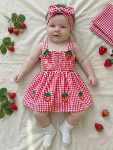 SHEIN Vintaside Kids Newborn Baby Girl Dress, Cute Resort Style Blue Plaid Floral Embroidery Cami Dress Design, Suitable For Spring/Summer Outings, Parties, Photoshoots, School, 1-9M - Red - View 5