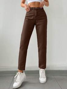 SHEIN Cottnline سراويل جينز نسائية ذات لون موحد، ذات جيوب، مستقيمة الساق - بني - مشاهدة 3
