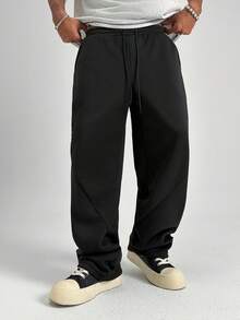 PAVTROS Men's Loose Casual Solid Color Drawstring Waist Straight Leg Pants - Black - View 5