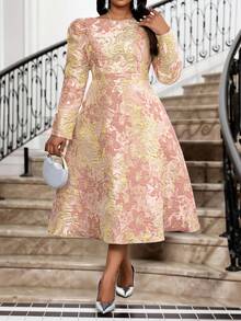 SHEIN Lady 大码优雅图案圆领长袖连衣裙 - 藕粉色 - 查看 5