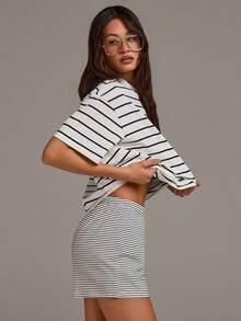 Athîral Damen lässiges, luftiges Gestreiftes Kurzarm-Top und Shorts Set, Sommer - Verschiedenfarbig - Übersicht 5