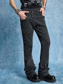 ROMWE MEN Men's Metal Rivet Layered Denim Jeans - Brown - View 4