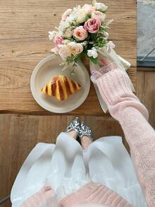 DAZY Women's Pink Soft & Sweet Ruffled Hem Korean Style Long Sleeve Knit Sweater - Baby Pink - View 9