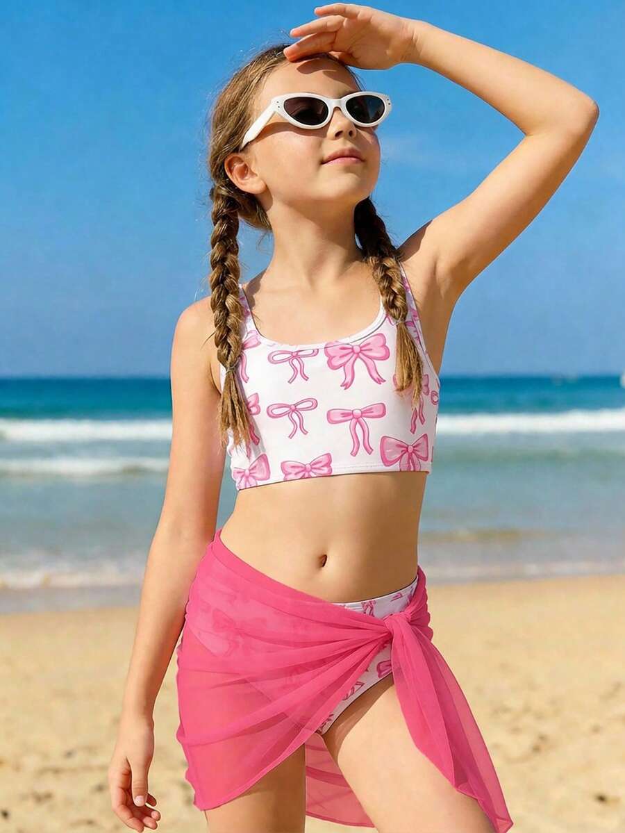 少女休闲简约吊带背心、三角泳裤和迷你裙三件套泳衣套装，适合夏季穿着 - 彩色 - 查看 1