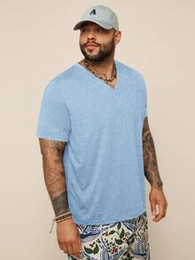 EASEVO Men Plus Size Casual Fitted Stretchy V-Neck Short Sleeve T-Shirt, Suitable For Summer, Vacation, Father's Day Gifts, Football - Baby Blue - View 3