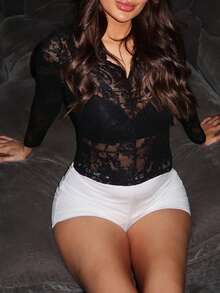 Ambs Edit 花卉蕾絲貝殼邊上衣不附胸罩 - 黑色 - 查看 4