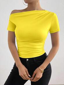 Elenzga Summer Casual Solid Color Asymmetric Neck Ruched Fitted T-Shirt - Yellow - View 4
