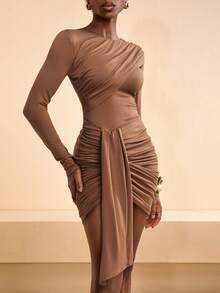 Zivah Women's Chic Coffee Brown Autumn Long Sleeve Round Neck Bodycon Dress,Chest Ruched Panel,Asymmetric Hem Draped Wrap Mini Dress For Party & Night Out - Brown - View 5