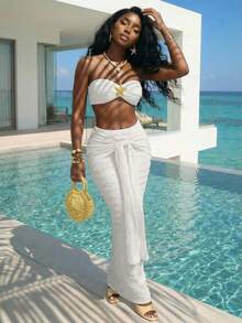 Slaydiva 夏季时尚基础款，百搭休闲又不失优雅，适合度假、旅行、海滩、海边、泳池、游艇、日光浴等场合，甜美可爱，休闲又不失优雅，蕾丝提花针织面料，金属装饰，露脐无肩带上衣搭配系腰长裙，女士两件套 - E - 白色 - 查看 1