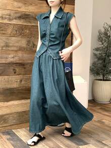 DAZY Women's Collared Sleeveless Blouse & Loose Denim Skirt 2-Piece Set - Blue - View 4