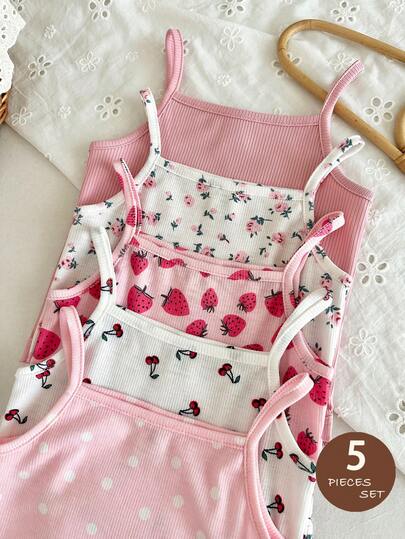 LMoss Kids 5pcs/Set Kids Girls' Casual Soft Stretchy Solid Color Knit Cami Bodysuit, Suitable For Summer Wear