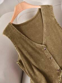 CosyJoli Plus Size Women Solid Color Vintage V-Neck Sleeveless Summer Front Button Comfortable Breathable Washed Tank Top - Brown - View 8