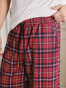 SWAVVY 男士休闲抽绳腰宽松格子裤 - 紅色 - 查看 5