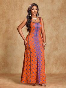 SHEIN LUNE Vestido elegante y sexy para mujer, vestido sin mangas de escote en V, ropa tradicional sudafricana, atuendo para fiestas y té de la tarde, estampado artístico, colores de moda de primavera y verano, vestido para sesión fotográfica artística, ropa para festival de música, ropa de verano para mujer - Naranja - Ver 4