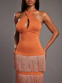 NYA SZN 连衣裙，流苏边饰，高领，无袖，露背设计 - 棕色 - 查看 6