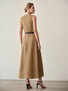 MOTF PREMIUM Đầm dài nữ cài cúc phía trước, thắt lưng, viền tương phản. - Màu Khaki - Xem 4
