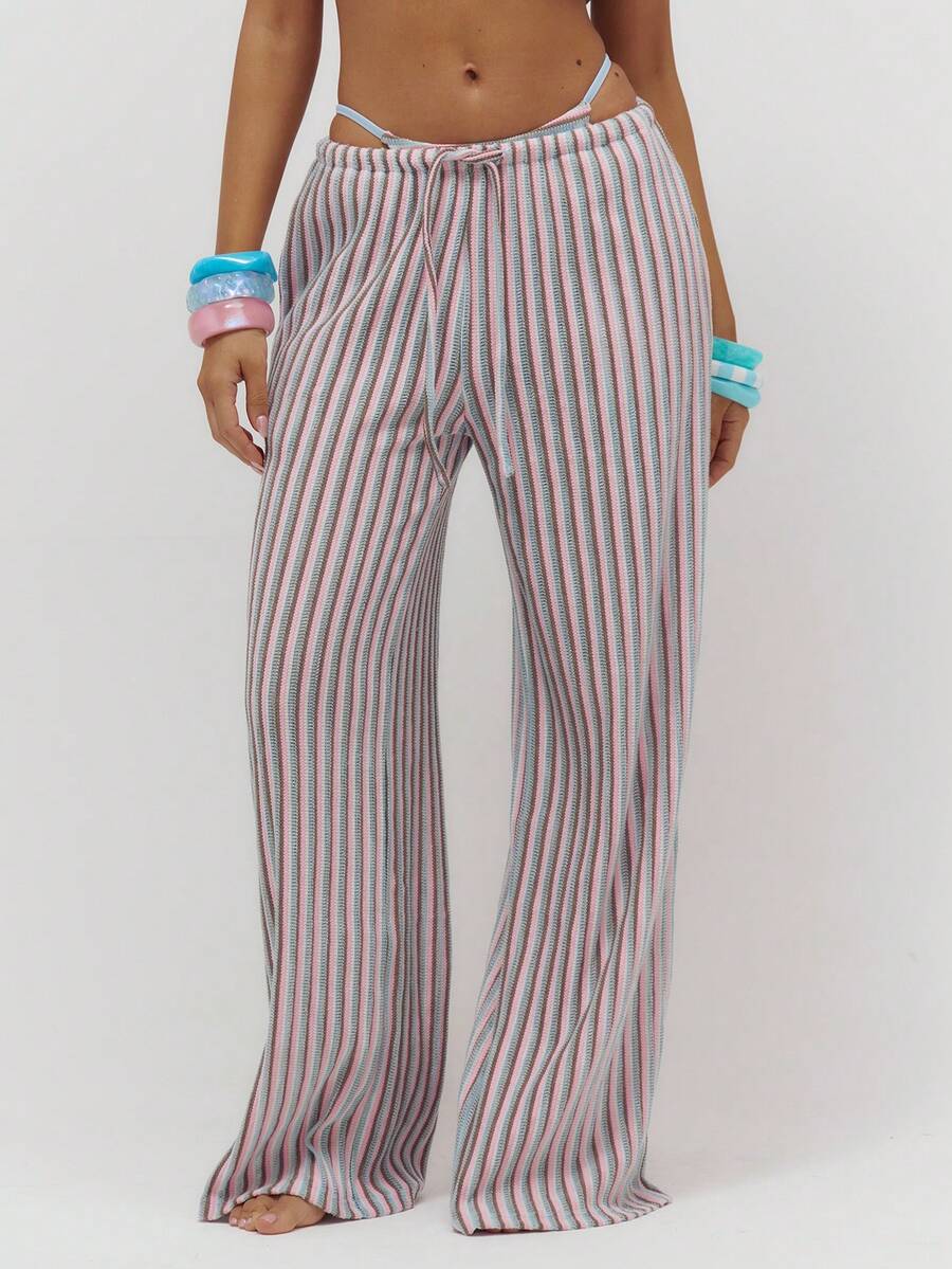 Musera Resort 条纹纹理阔腿系带腰裤沙滩罩衫夏季游泳海滩度假日常性感可爱旅行泳装 Bambola - 彩色 - 查看 1