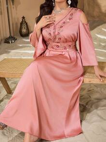 Al Najma Robe élégante à sequins ajourée pour femmes grandes tailles, printemps/été - Corail - Voir 2