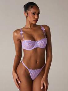 SHEIN BAE 2pcs Purple Romantic Floral Embroidery Women Sexy Lingerie Set - Purple - View 6