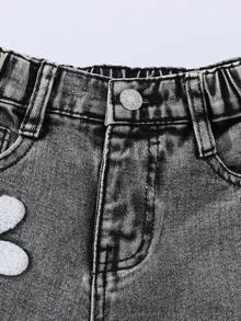 SHEIN ChillGRL Girls/Toddlers' Fashion Snowflake Washed Distressed Embroidered Flare Pants - Light Grey - View 3