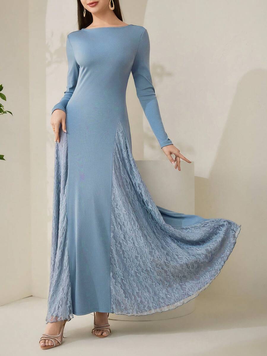Veilorie Modest Elegant Lace Patchwork Long Dress For Women Blue Dresses For Women Blue Dresses For Women Dress Modest - Gray Blue - View 1