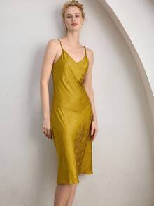 Ocili Women's Elegant Loose Jacquard Camisole Nightgown - Mustard Yellow - View 4