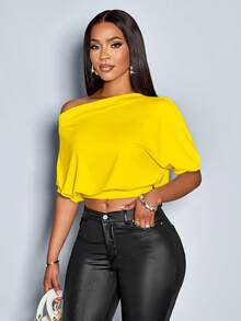 SOLERSUN Women's Solid Asymmetrical Neck Ruched Shoulder Tee - Yellow - View 5