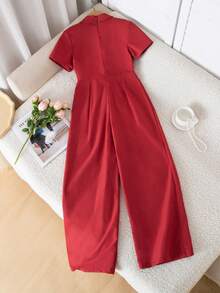 Jumpsuit Beludru Burgundy untuk Remaja Perempuan, Merah Tua, Elegan, Pesta, Musim Semi dan Musim Panas, Aksen Mutiara, Desain Lilitan, Potongan Kaki Lebar, Cocok untuk Makan Malam Keluarga Semi-Formal - Burgundy - View 6