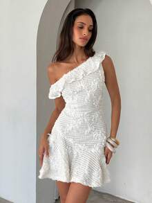 Aloruh Damklänning med ny, vit broderad, virkad asymmetrisk miniklänning med A-linjeform, lämplig för semester, strand, vardagskläder, vår/sommar - Vitt - Visa 6