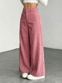 SHEIN Quần dài ống rộng màu trơn, kiểu dáng tối giản cổ điển dành cho bé gái tuổi teen, chất liệu nhung gân, màu kaki, thích hợp cho mùa thu/đông. - Hồng - Xem 4