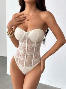 SHEIN PETITE 女士黑色蕾丝连体衣：无肩带无袖针织薄纱花卉内衣上衣 - 杏色 - 查看 8