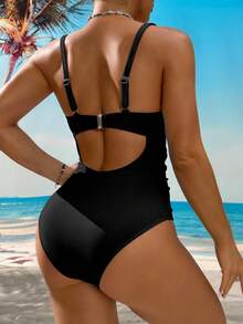 Voyashape 女士夏季度假性感钢圈褶皱纹理面料腰部褶皱显瘦收腹+贝壳肩带装饰连体泳衣 - 黑色 - 查看 2