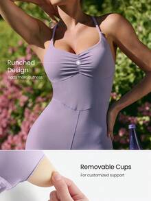 GLOWMODE Valentine's Day 4.3" FeatherFit™ Crush Mode Buttery-Soft Stretchy Sweat-Wicking Adjustable Straps Removable Cups Gathered Bust Romper Low Impact Daily Casual Wear - Purple - View 3