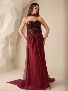 Coutiva Women's Sequin Patchwork Twist Bandeau Flowy Dress - Burgundy - View 4