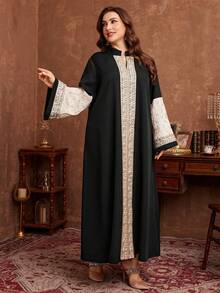 Al Najma Bata larga holgada de talla grande con parches negros, bordados florales y ribetes, estilo turco/árabe, de manga larga, nueva llegada para mujeres - Negro - Ver 6