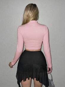 Sweetina Y2k Black Mock Neck Heart Mesh Insert Club Crop Tee - Pink - View 2