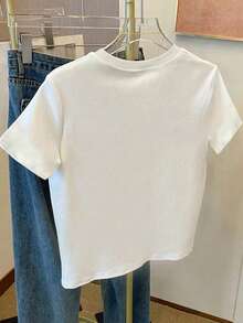 1pc Teen Girl White T-Shirt, Colorblock Sequin Bow Print Casual Minimalist Short Sleeve Tee, Suitable For Summer - White - View 2