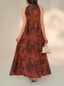 DAZY Women's Elegant Sequin Floral Embroidery Halter Dress, Summer Sundress - Brown - View 4