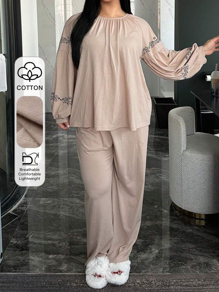 Dazy Plus Plus Size Women Loose Floral Print Lantern Sleeve Top And Relaxed Pajama Pants Set, Comfortable Sleepwear For Spring And Autumn