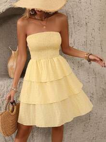 SHEIN Holidaya Casual Vacation Ruffled Layered Textured Sweet Fit & Flare Dress For Women, Spring/Summer - Yellow - View 1