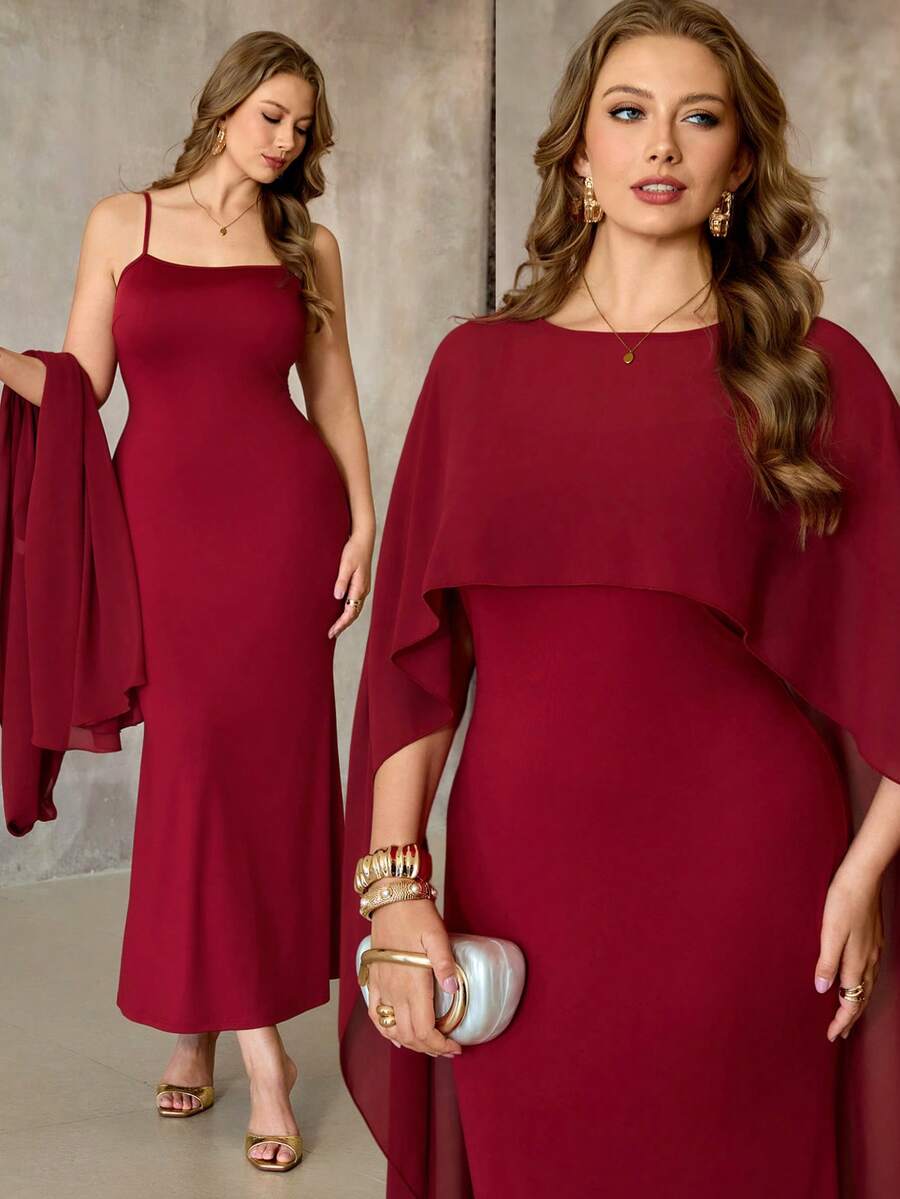 Roveilla 大码女装新款时尚优雅性感红色半透明长披肩吊带修身连衣裙两件套 - 紅色 - 查看 1