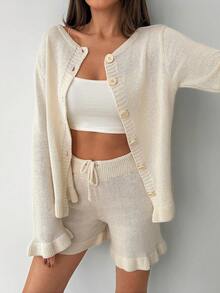 SHEIN Cute Ruffle Hem Knit Cardigan Top And Mini Shorts Set - Apricot - View 7