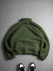 Manfinity Roghcode Chaqueta y abrigo con cremallera de manga larga de unicolor de felpa para hombre, invierno - Verde militar - Ver 5
