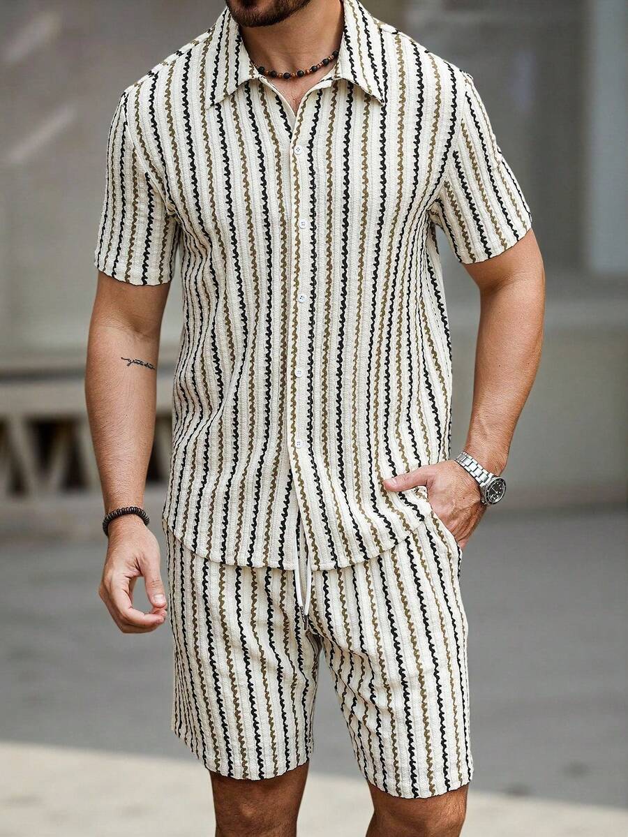 Genlund 男士条纹短袖纽扣休闲衬衫套装 - 杏色 - 查看 1