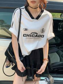 Dazy Kids Teen Girls V-Neck Raglan Sleeve Casual Loose Fashion Printed T-Shirt - White - View 2