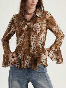 Aveloria Modichic Leopard Print Flounce Hem Shirt, Lively Leopard Print Design, Playful Yet Stylish Silhouette, Suitable For Dates, Outings, And Gatherings With Friends - Multicolor - View 3