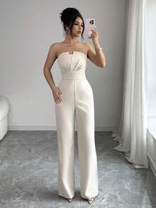 Rafferiza 女式优雅纯色褶皱抹胸式连身裤 - 杏色 - 查看 6