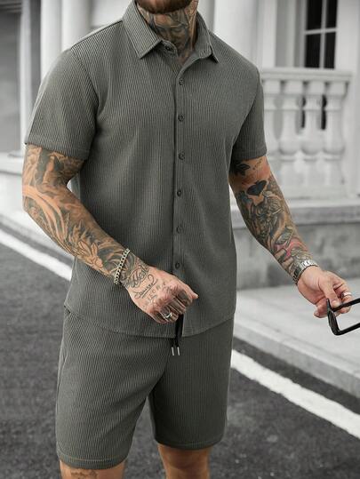 Manfinity CasualCool Men's Solid Color Button-Front Short Sleeve Shirt And Drawstring Waist Shorts Set,Men Old Money,Daily Leisure, Weekend Trips, Outdoor Activities, Travel Expeditions, Relaxed Work Environments Or Semi-Formal Occasions, Boyfriend/Husband Gift, Anniversary /Birthday Gift Party Summer Vacation Holiday,Wedding,Spring To Summer,Mardi Gras,Men's Solid Color Button Down Shirt Textured Knit Short Sleeve Casual Wear,Casual Two Piece Set Men,Mens 2 Piece Outfits Cotton,Men Summer Sweatsuit