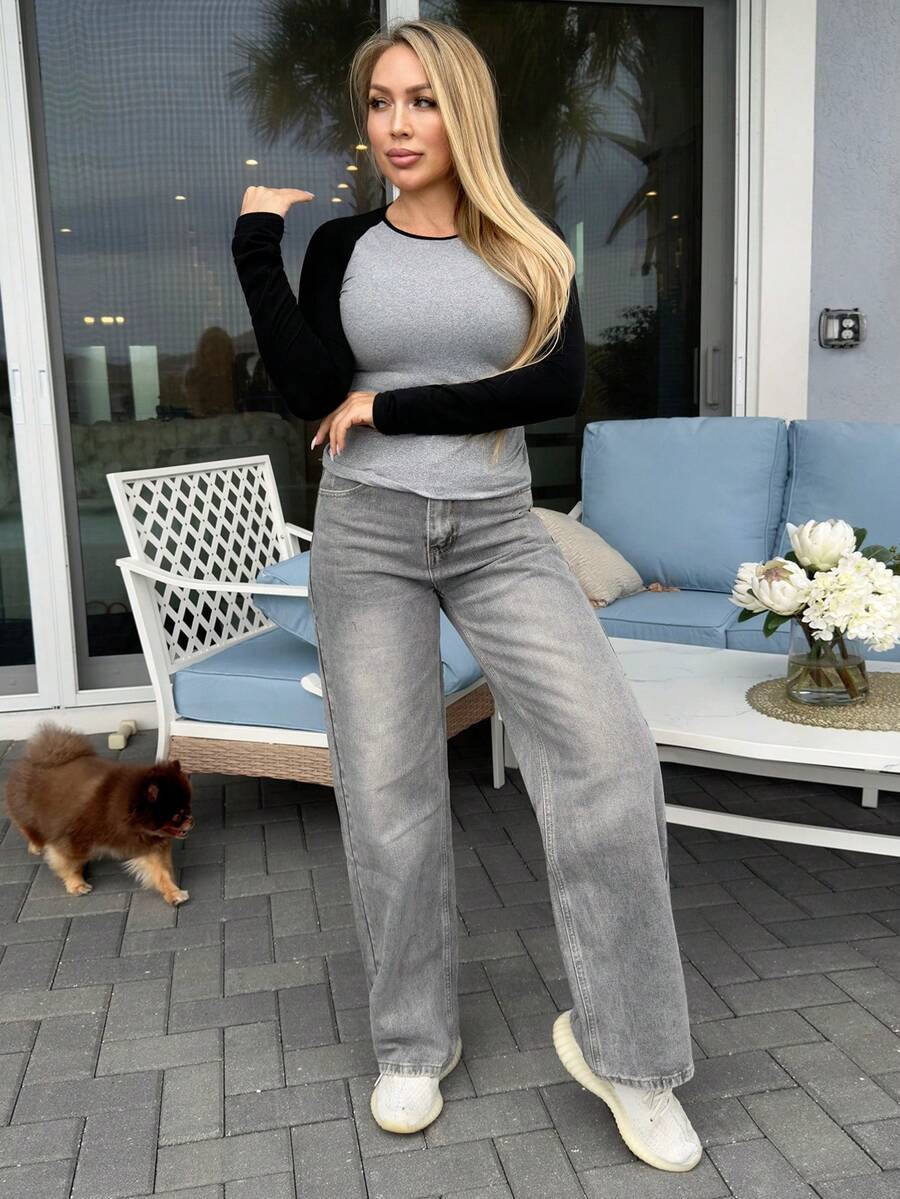 Cioccolato Slant Pocket Wide Leg Baggy Jeans Y2k - Light Grey - View 1