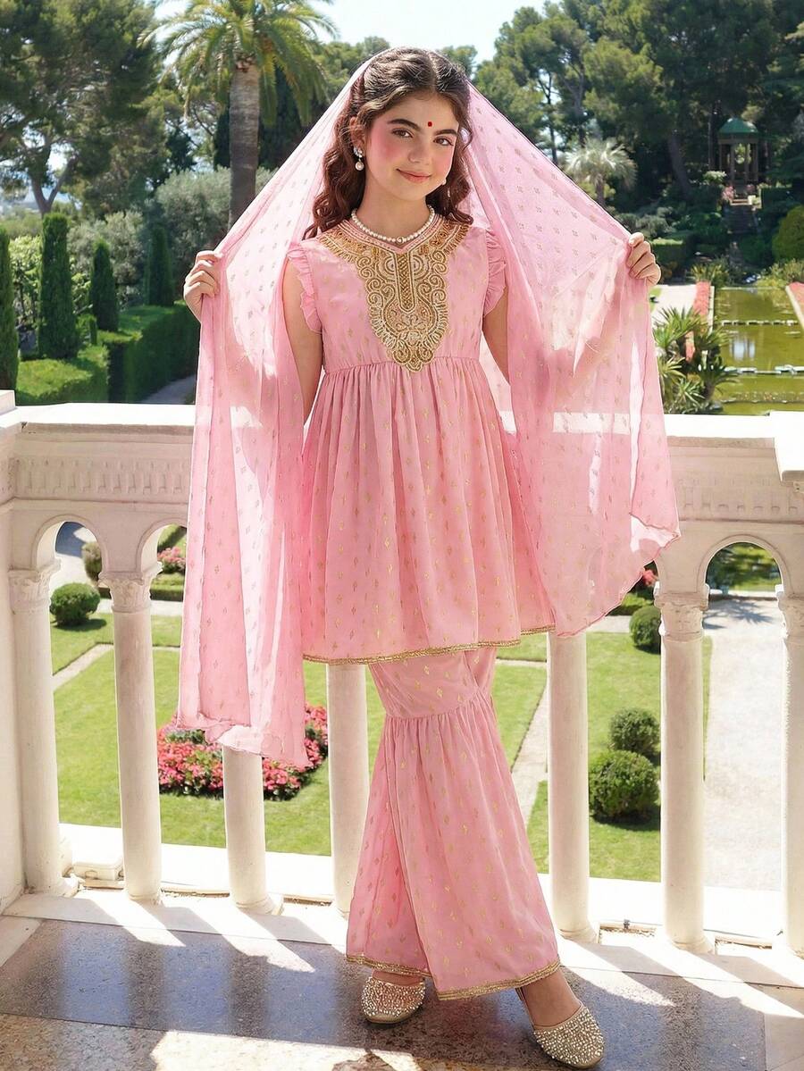 Tween Girl Cute Pink Metallic Print Doll Sweater, Long Pants & Flare Pants Shirt Set, Suitable For Festival & Middle Eastern/ Girls - Pink - View 1